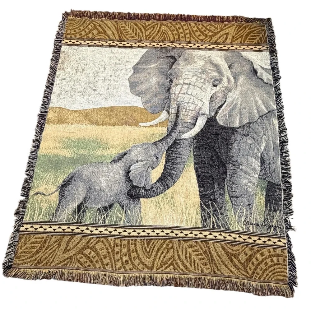 Vintage Laura Reagan Woven Tapestry African Elephant Mother Baby Safari Throw